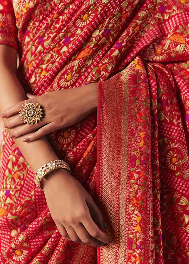 Pure Khaddi Georgette Scarlet Red Bridal Bandhani Saree