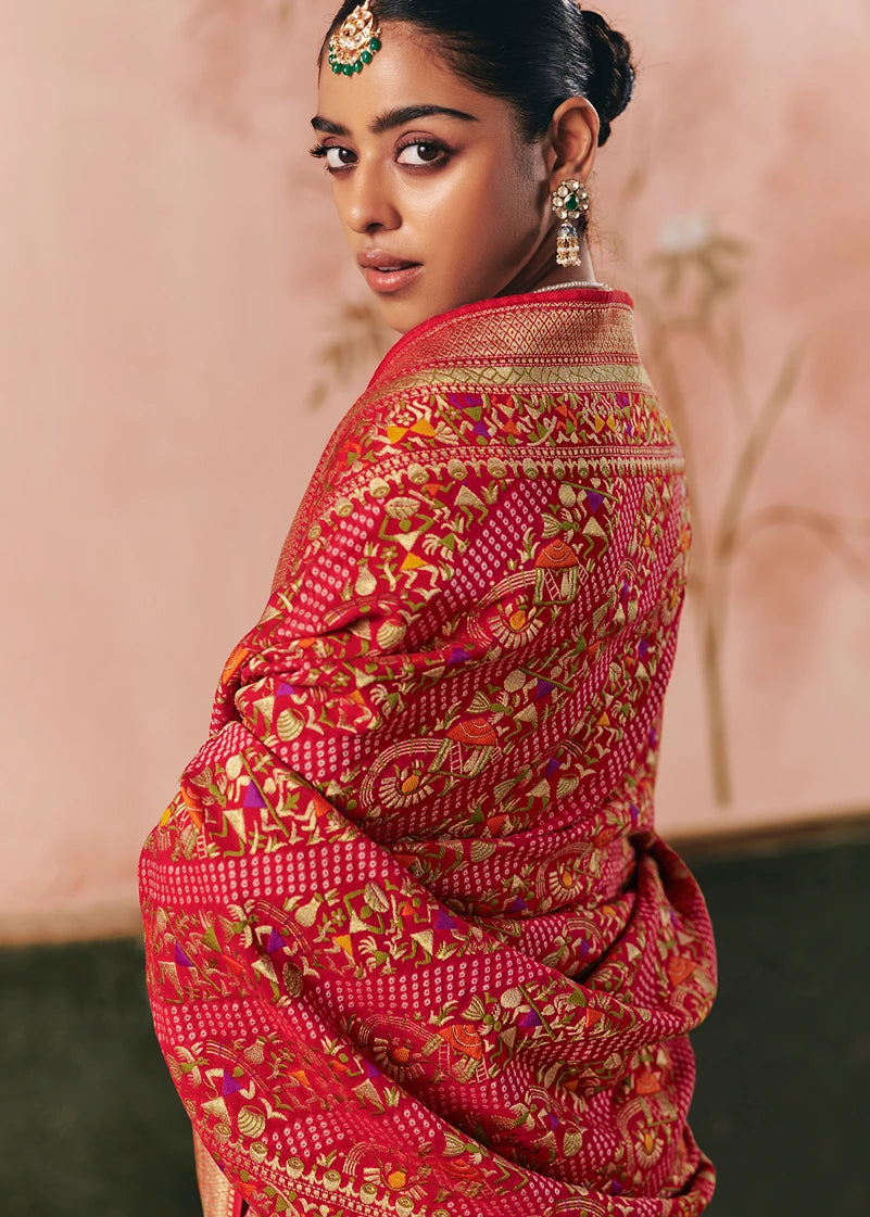 Pure Khaddi Georgette Scarlet Red Bridal Bandhani Saree