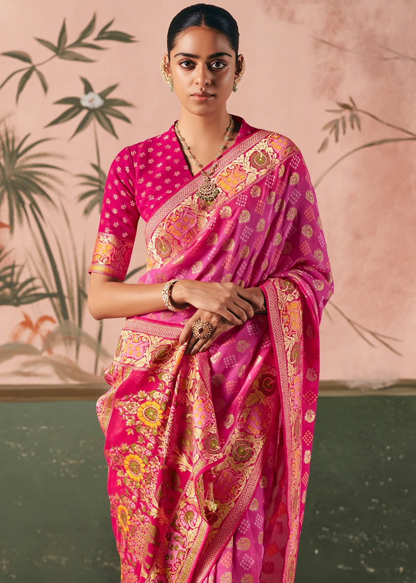 Pure Khaddi Georgette Rose Pink Bridal Bandhani Saree