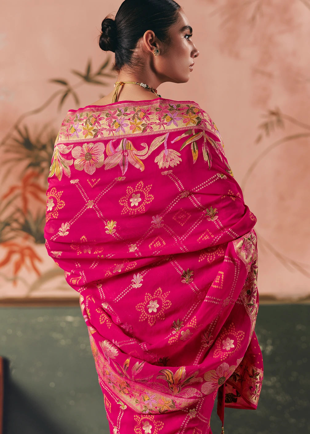 Pure Khaddi Georgette Hot Pink Bridal Bandhani Saree & Yellow Blouse