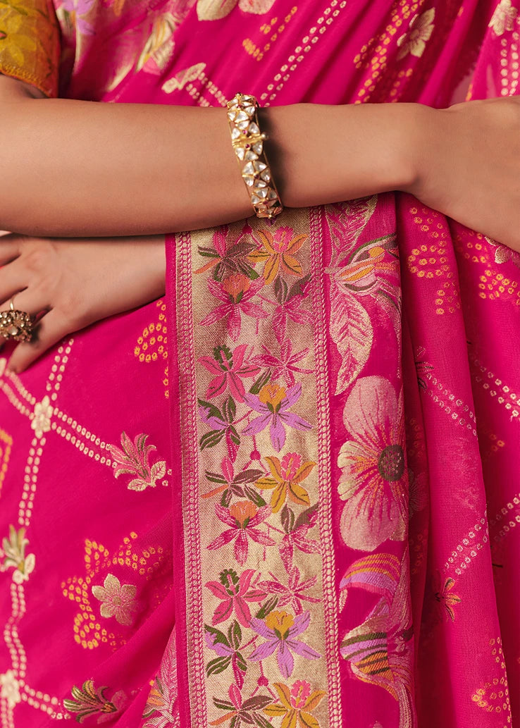 Pure Khaddi Georgette Hot Pink Bridal Bandhani Saree & Yellow Blouse