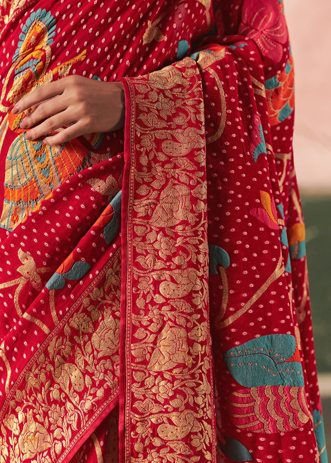 Pure Khaddi Georgette Red Bridal Bandhani Saree