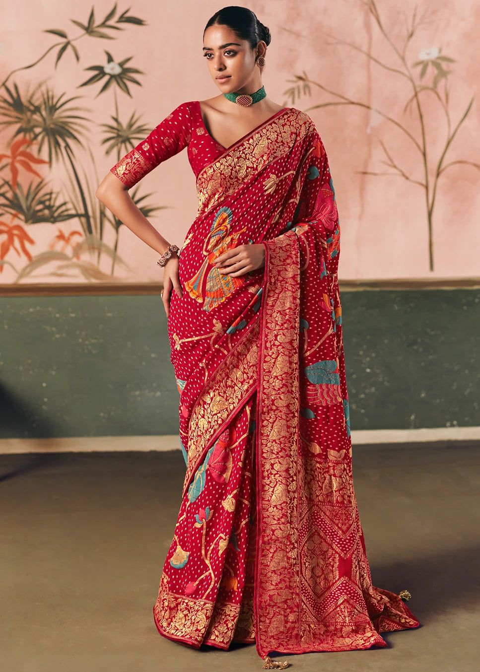 Pure Khaddi Georgette Red Bridal Bandhani Saree