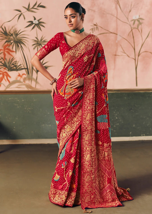 Pure Khaddi Georgette Red Bridal Bandhani Saree