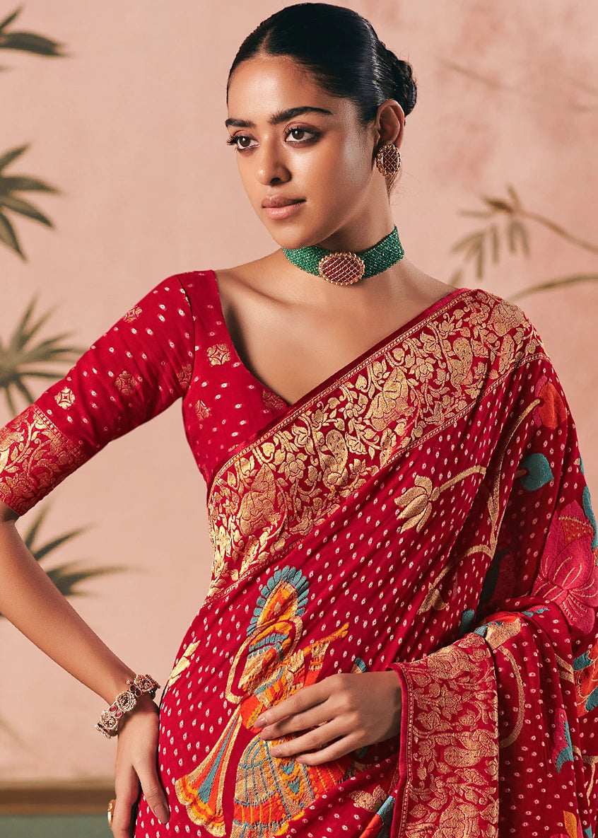 Pure Khaddi Georgette Red Bridal Bandhani Saree