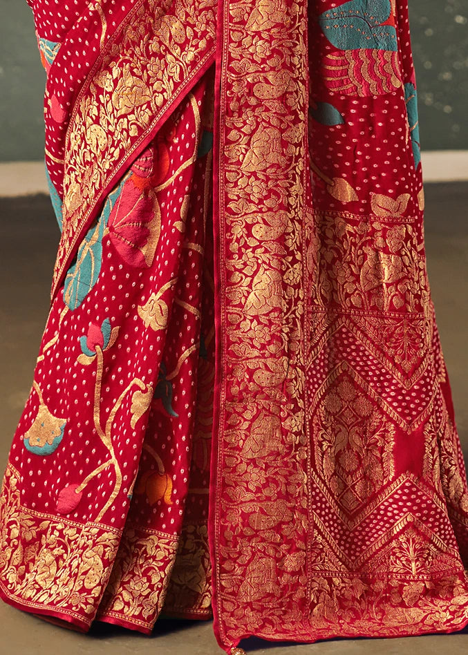 Pure Khaddi Georgette Red Bridal Bandhani Saree