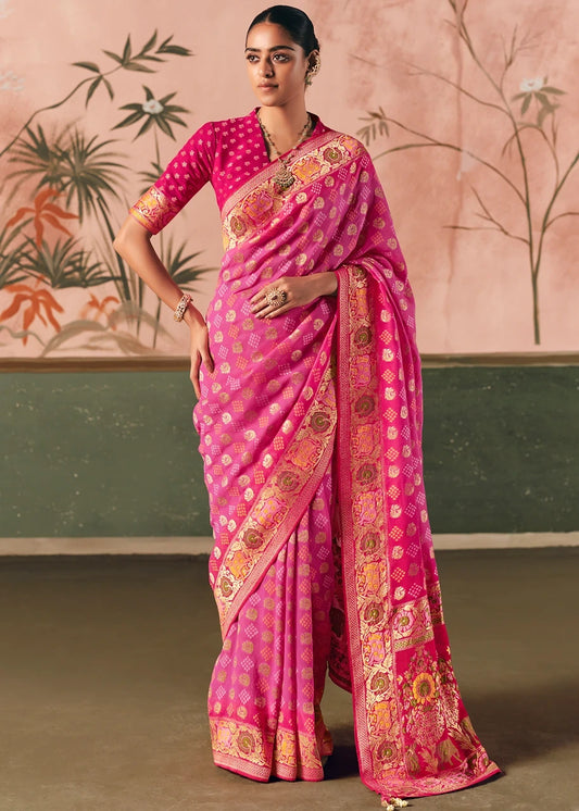 Pure Khaddi Georgette Rose Pink Bridal Bandhani Saree
