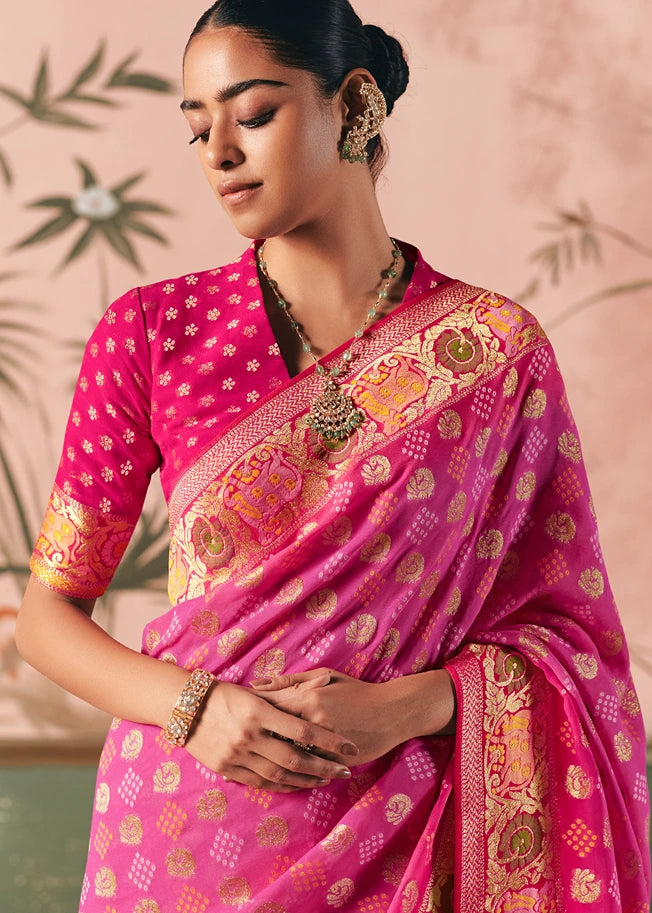 Pure Khaddi Georgette Rose Pink Bridal Bandhani Saree