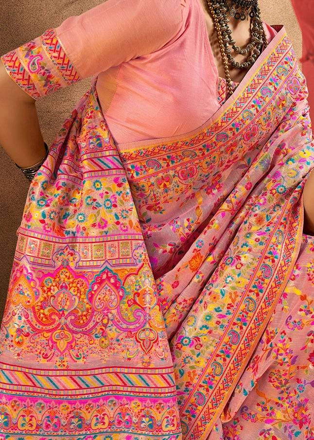 Pastel Pink Pure Handloom Kashmiri Silk Saree