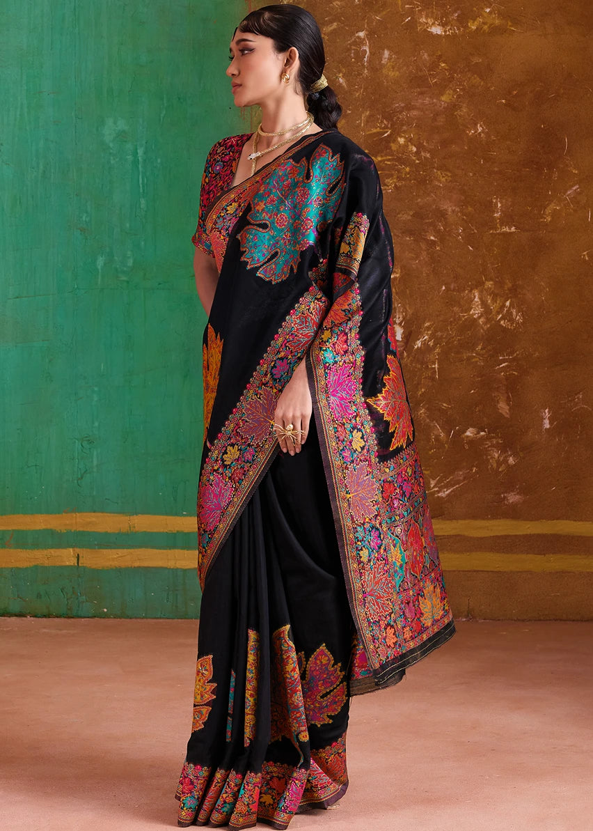 Royal Black Pure Handloom Kashmiri Silk Saree