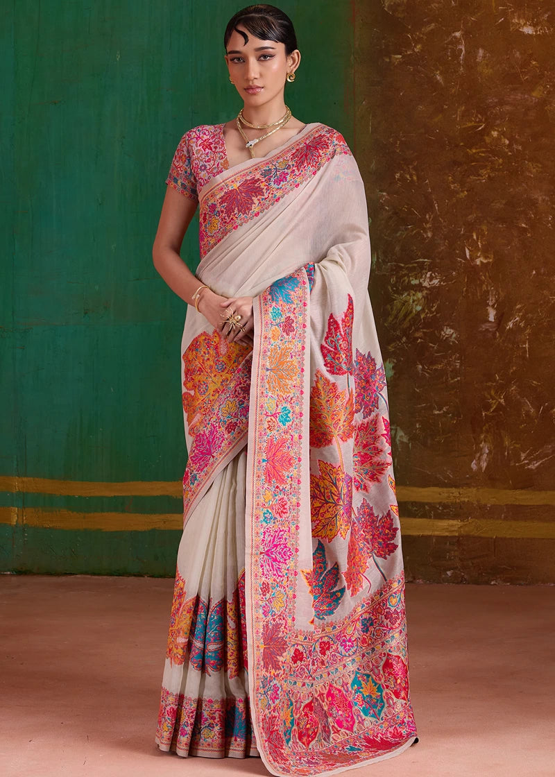 Off White Pure Handloom Kashmiri Silk Saree