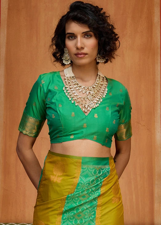 Mustard Yellow and Green Banarasi Patola Handloom Silk Saree