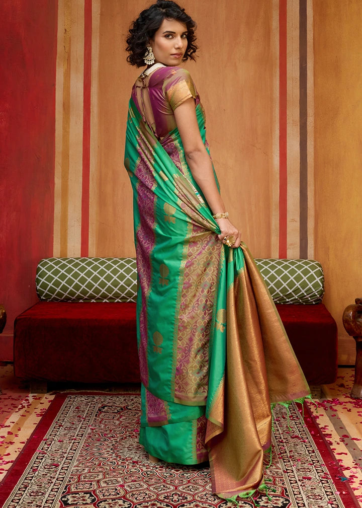 Green Banarasi Patola Handloom Silk Saree With Onion Pink Blouse