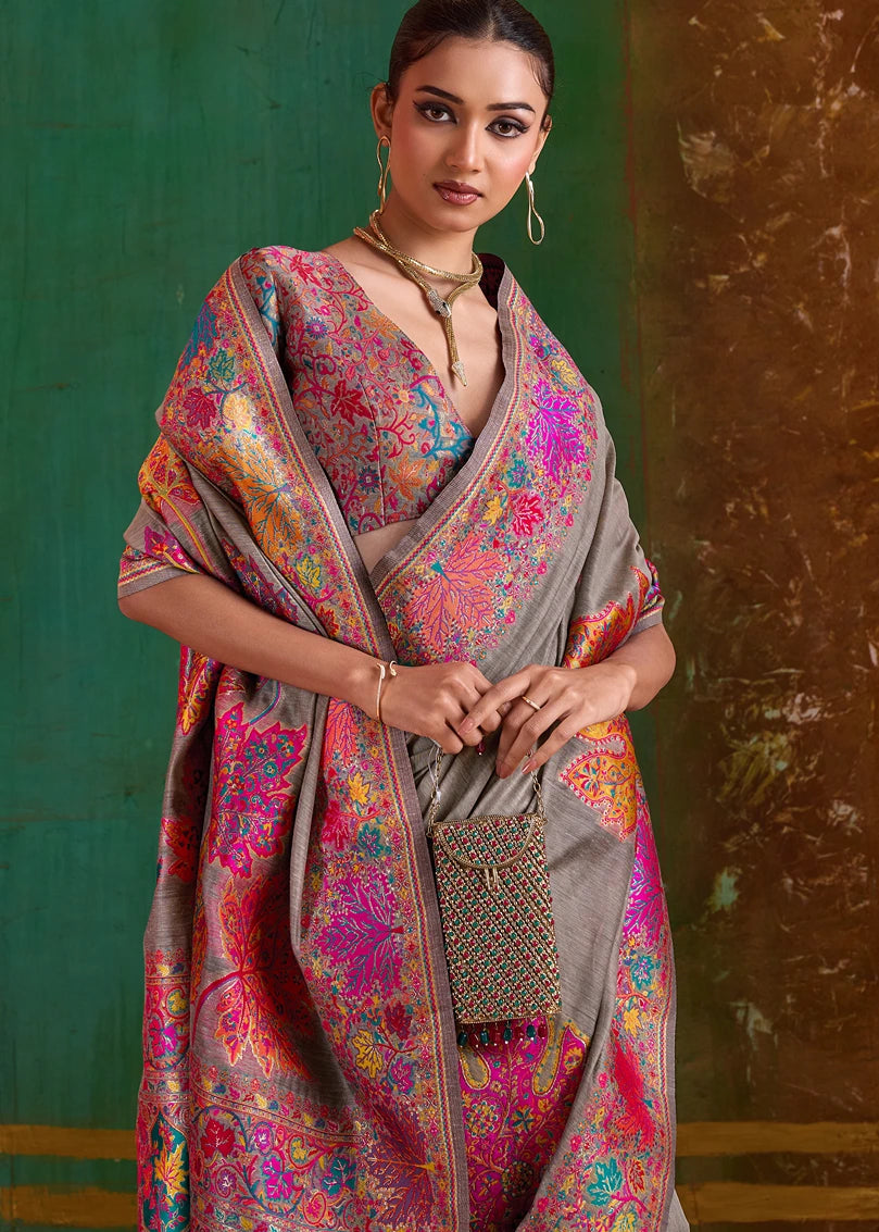 Mud Grey Pure Handloom Kashmiri Silk Saree
