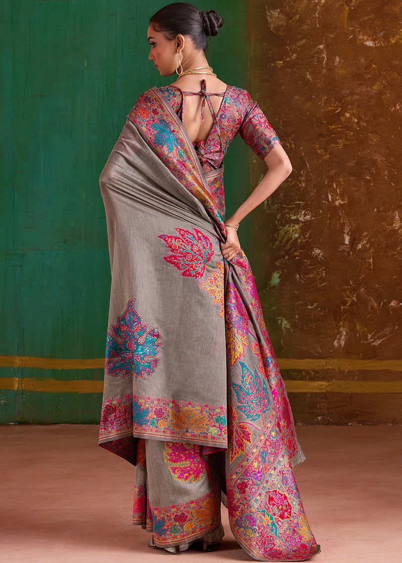 Mud Grey Pure Handloom Kashmiri Silk Saree