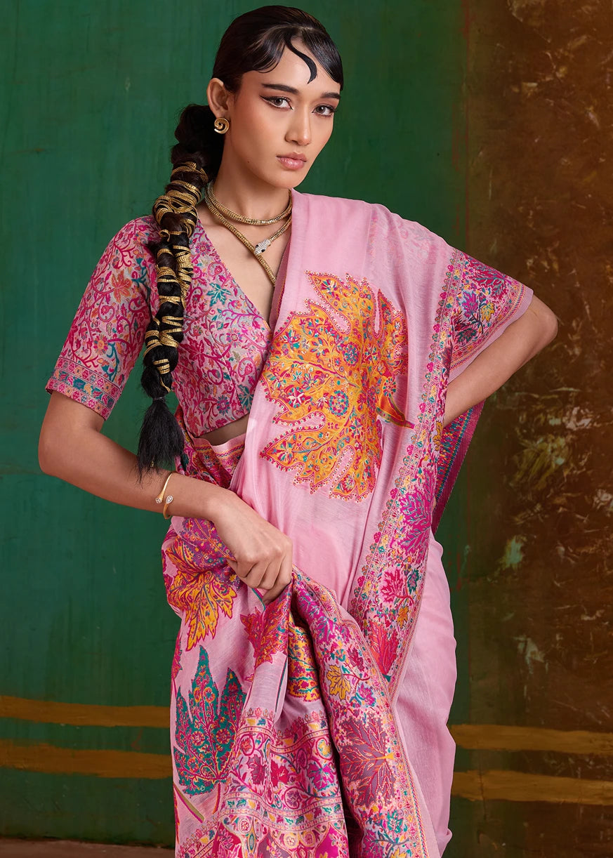 Pastel Pink Pure Handloom Kashmiri Silk Saree