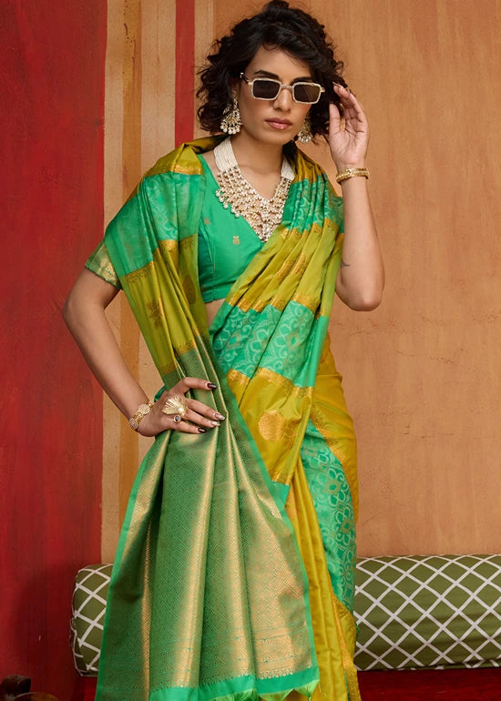 Mustard Yellow and Green Banarasi Patola Handloom Silk Saree