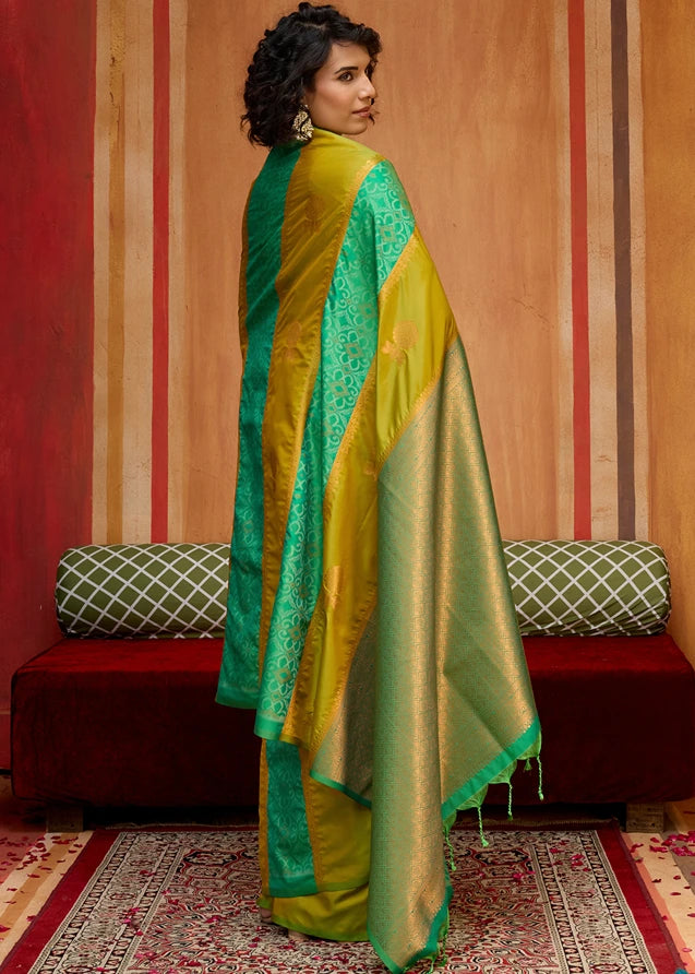 Mustard Yellow and Green Banarasi Patola Handloom Silk Saree