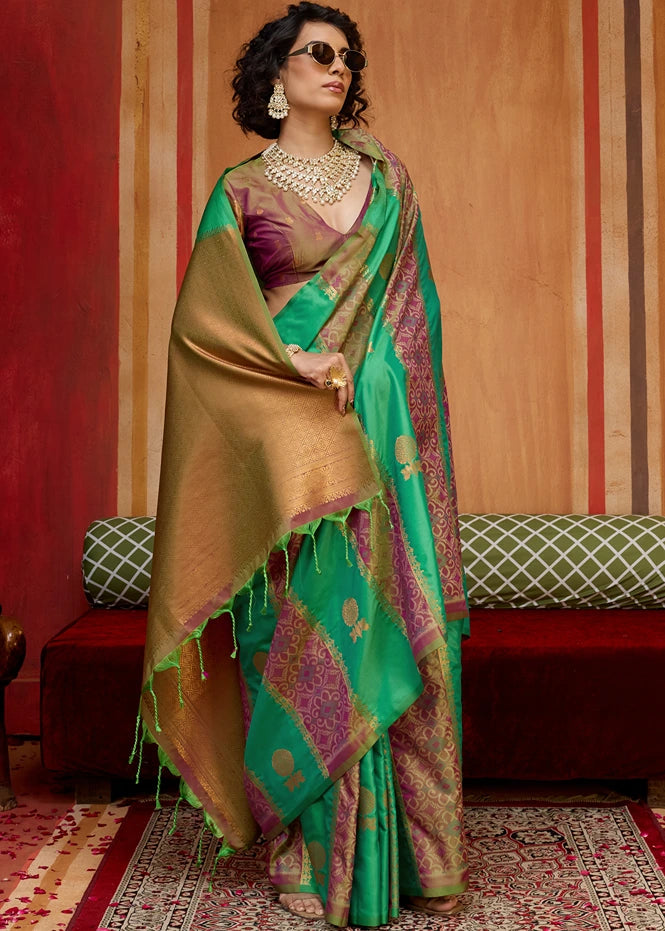 Green Banarasi Patola Handloom Silk Saree With Onion Pink Blouse