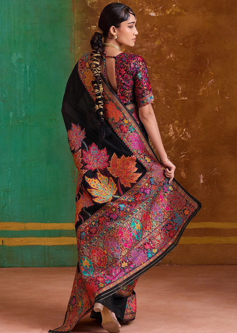 Royal Black Pure Handloom Kashmiri Silk Saree