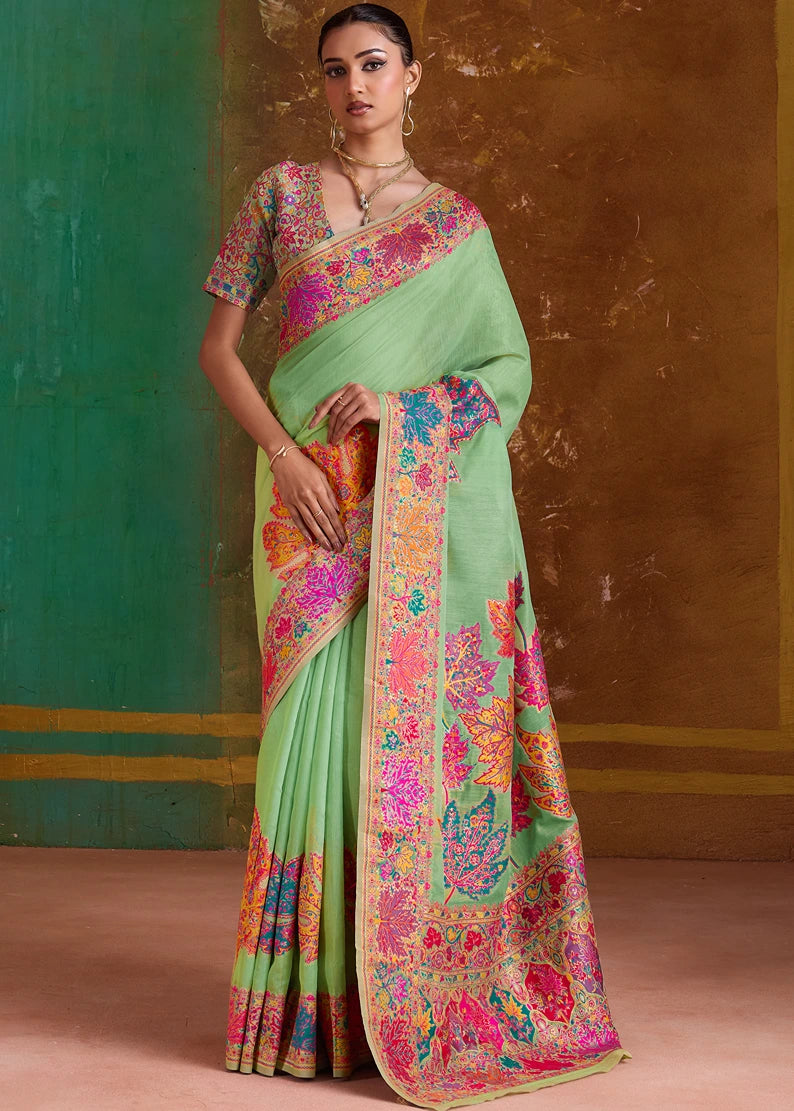 Mint Green Pure Handloom Kashmiri Silk Saree