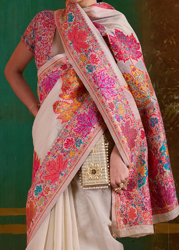 Off White Pure Handloom Kashmiri Silk Saree