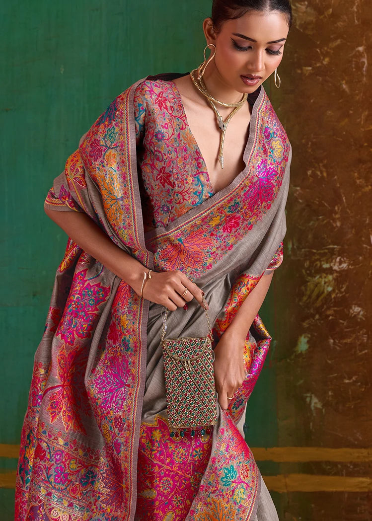 Mud Grey Pure Handloom Kashmiri Silk Saree