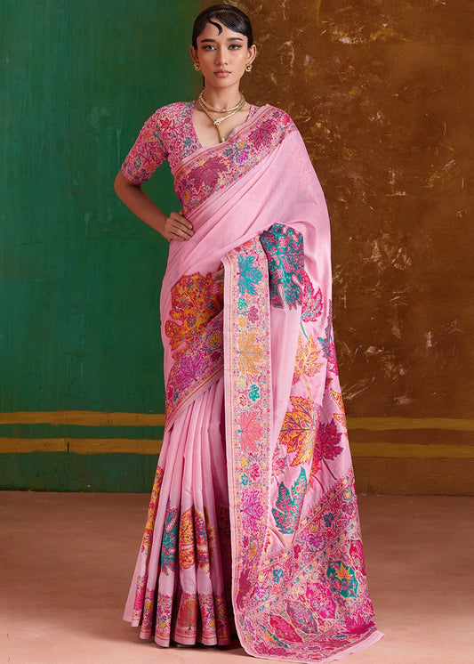Pastel Pink Pure Handloom Kashmiri Silk Saree