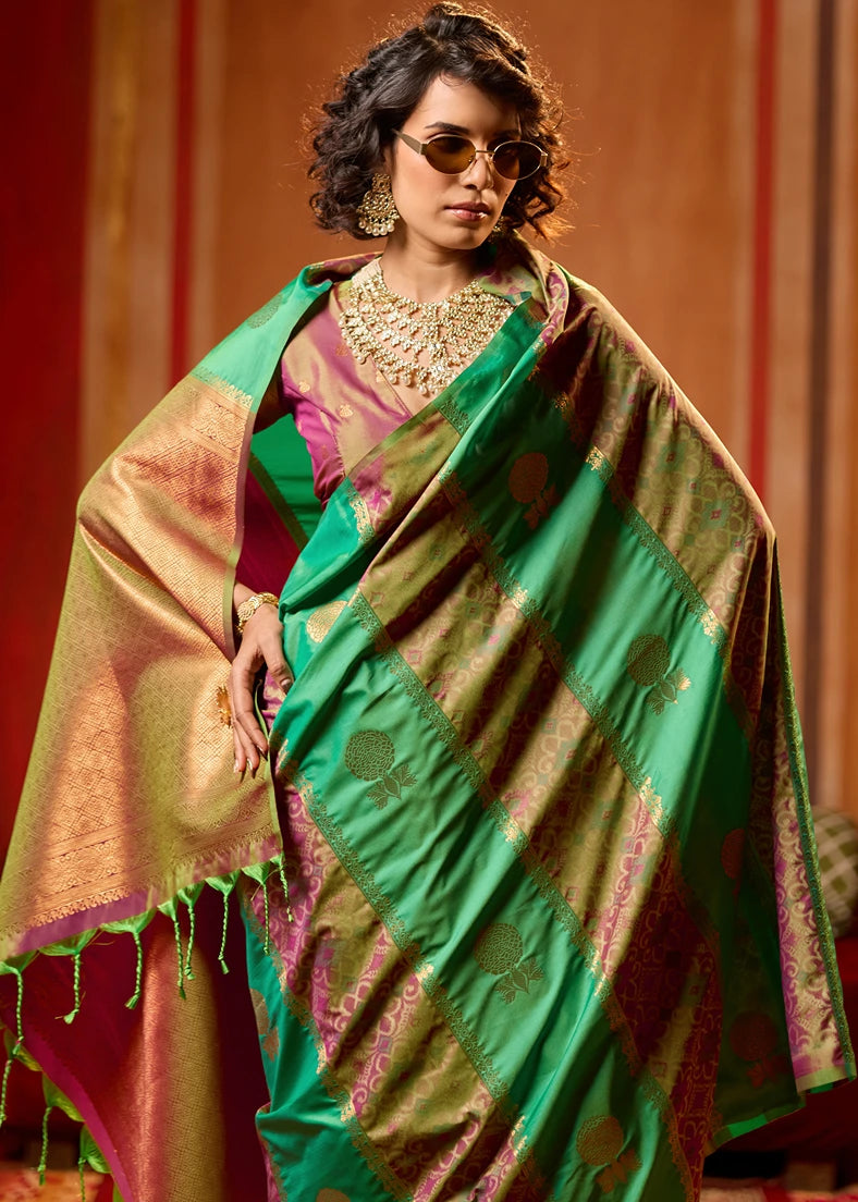 Green Banarasi Patola Handloom Silk Saree With Onion Pink Blouse