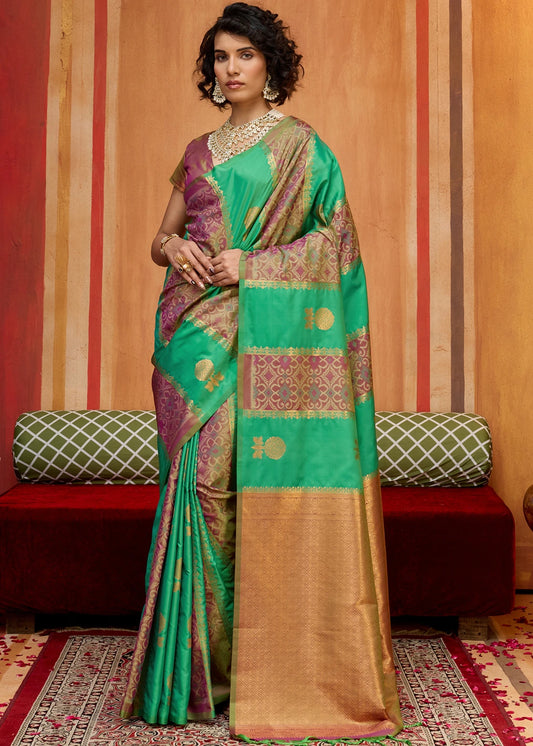 Green Banarasi Patola Handloom Silk Saree With Onion Pink Blouse