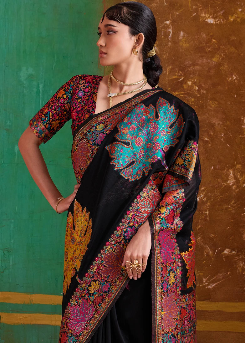 Royal Black Pure Handloom Kashmiri Silk Saree