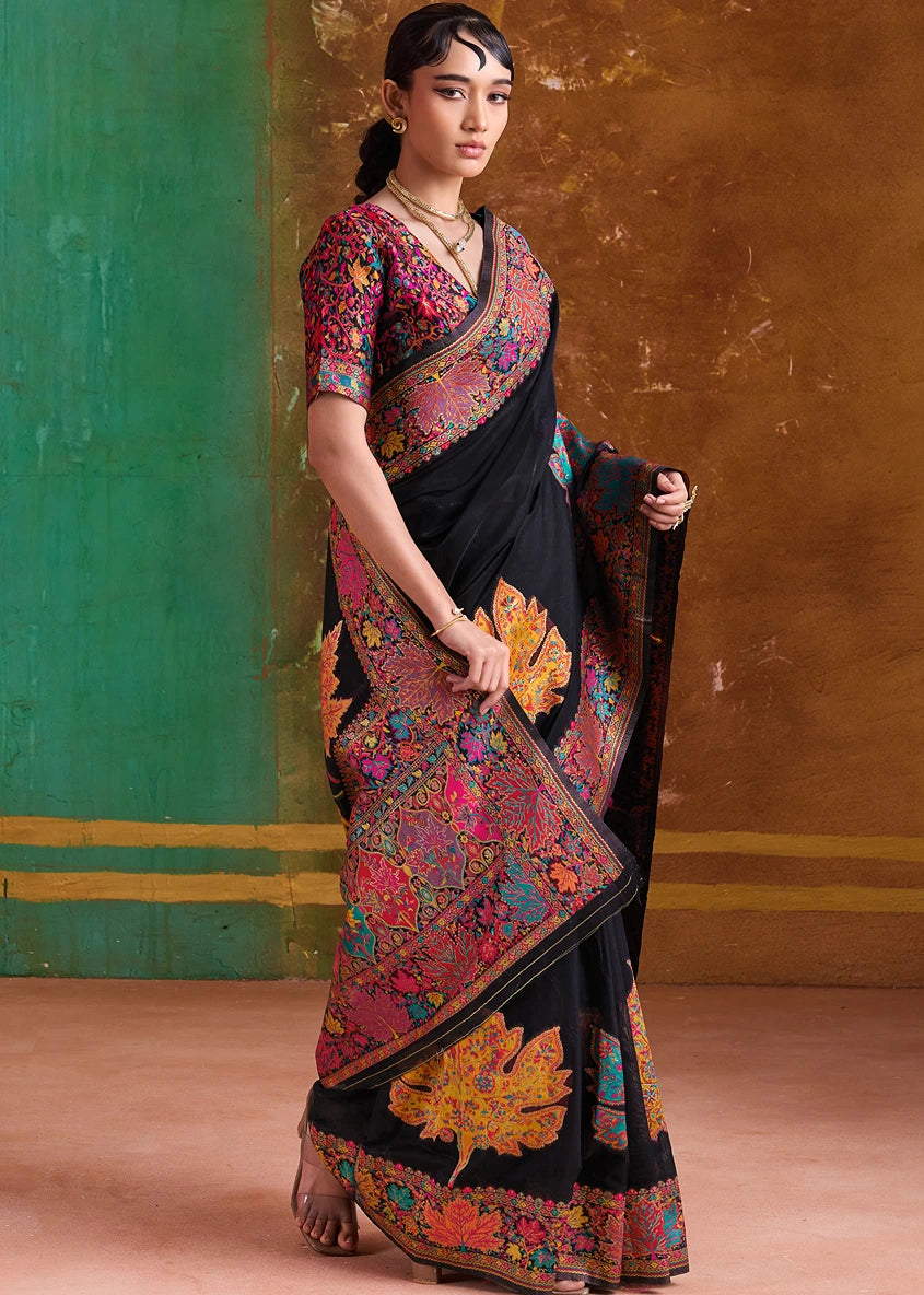 Royal Black Pure Handloom Kashmiri Silk Saree