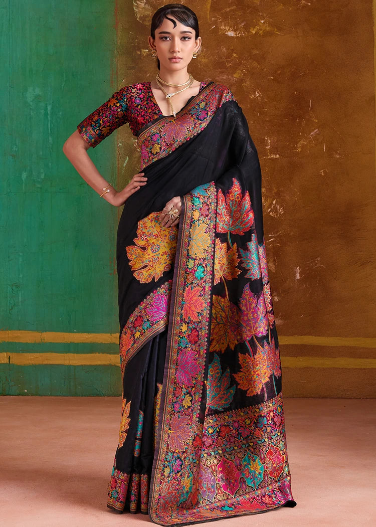 Royal Black Pure Handloom Kashmiri Silk Saree