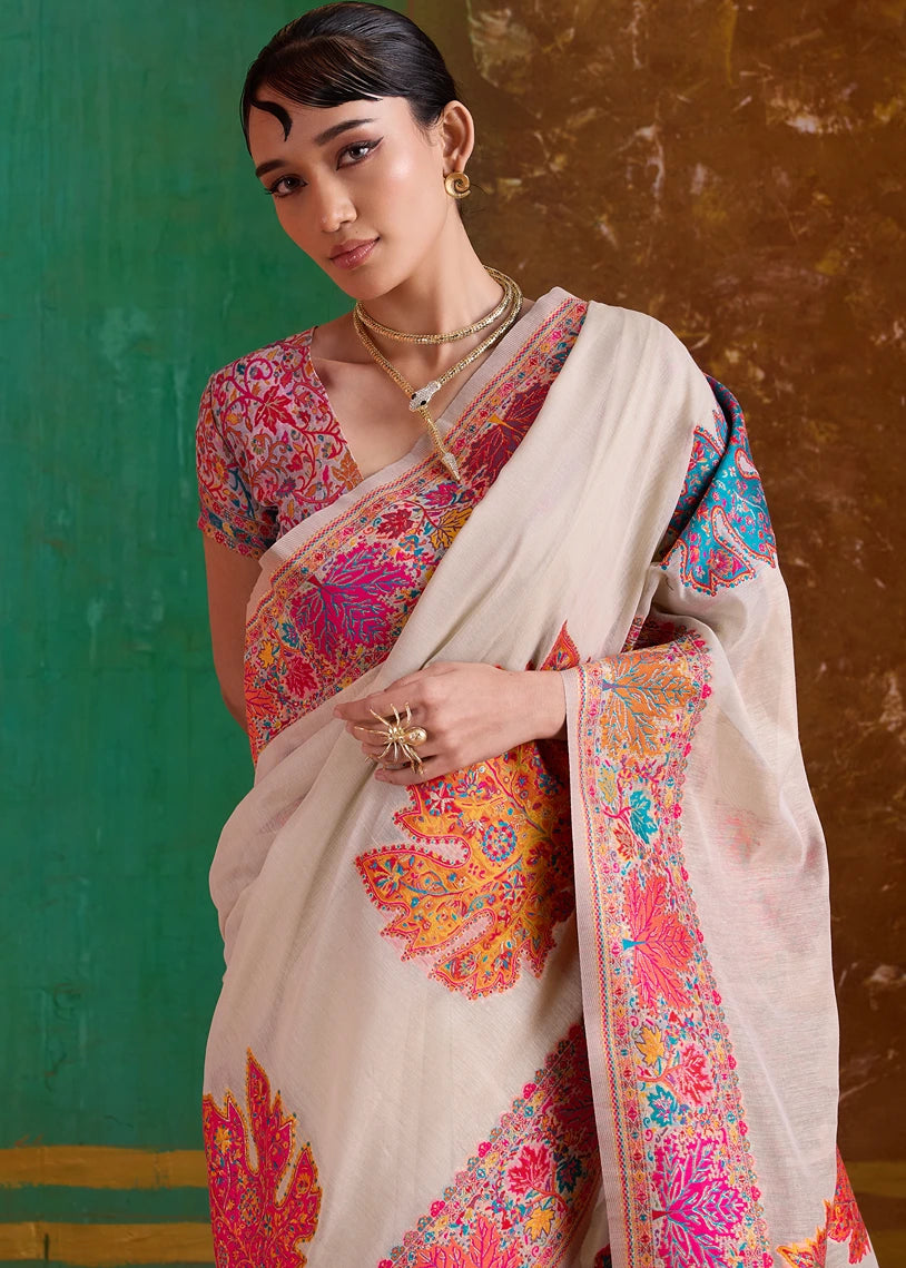 Off White Pure Handloom Kashmiri Silk Saree