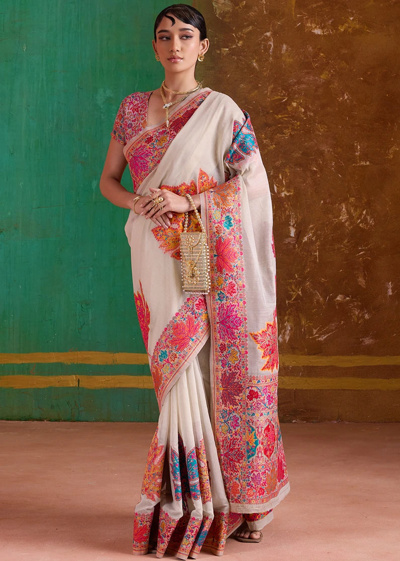 Off White Pure Handloom Kashmiri Silk Saree