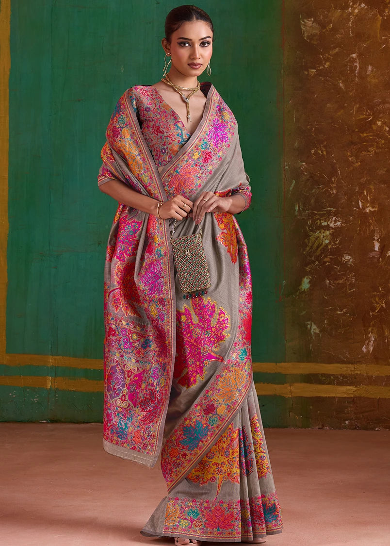 Mud Grey Pure Handloom Kashmiri Silk Saree