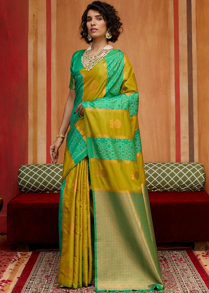 Mustard Yellow and Green Banarasi Patola Handloom Silk Saree