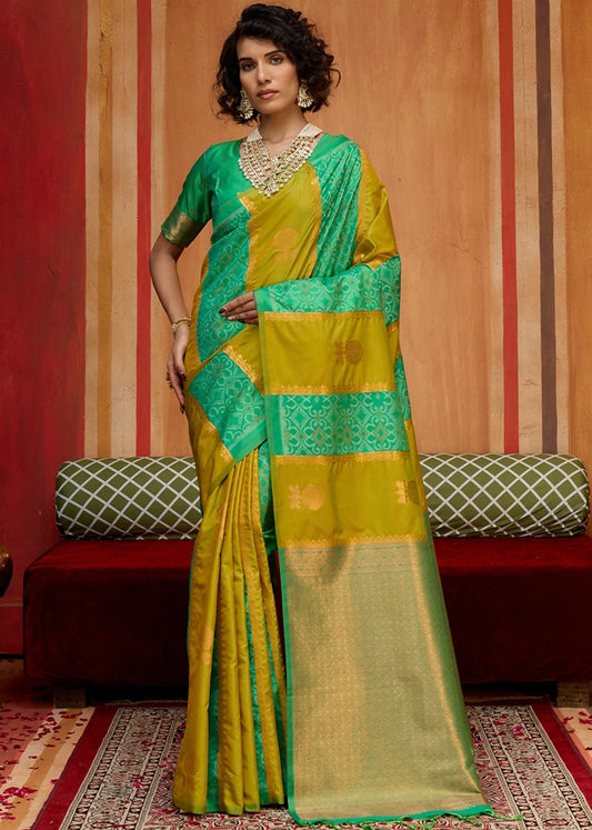 Mustard Yellow and Green Banarasi Patola Handloom Silk Saree