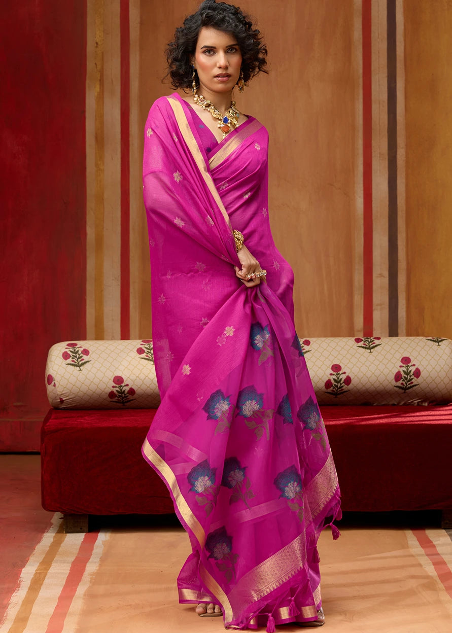 Hot Pink Pure Cotton Silk Handloom Saree
