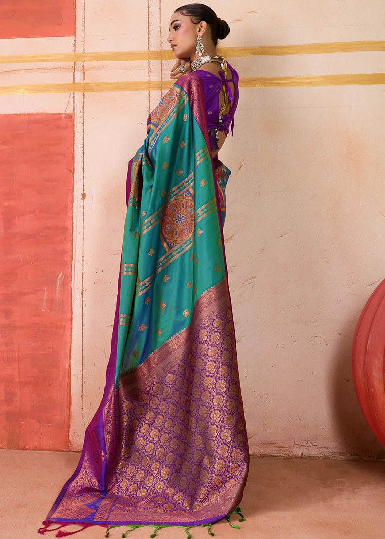 Pochampally Patola Silk Teal Blue Ikkat Saree