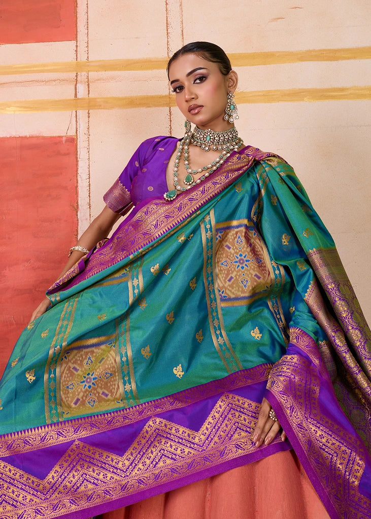 Pochampally Patola Silk Teal Blue Ikkat Saree