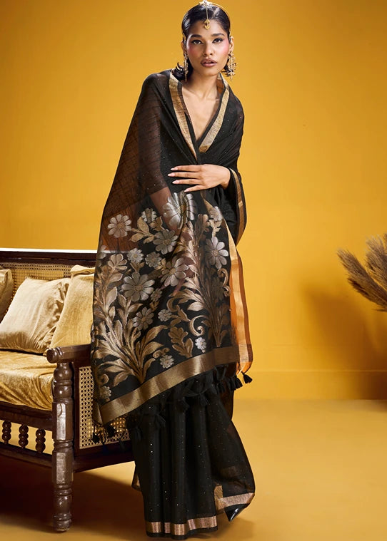 Black and Golden Muga Silk Handloom Weaving Saree