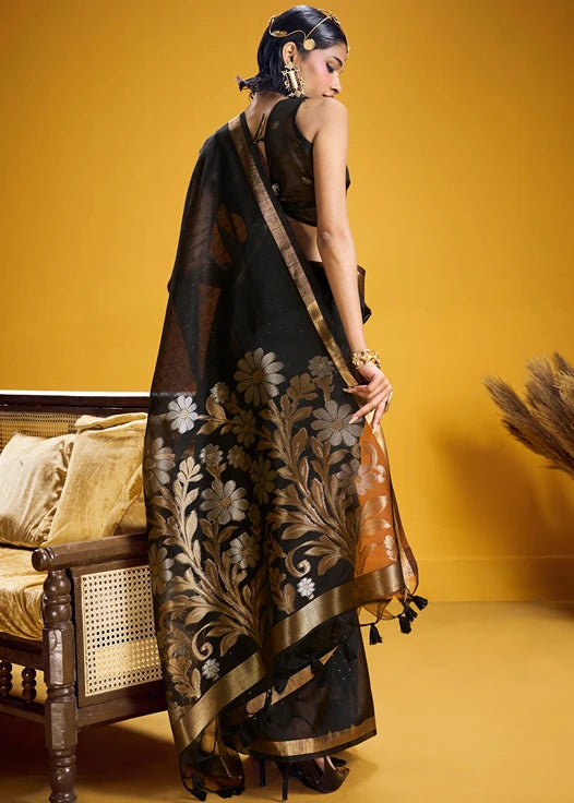 Black and Golden Muga Silk Handloom Weaving Saree