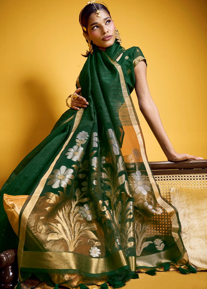 Dark Green and Golden Muga Silk Handloom Weaving Saree