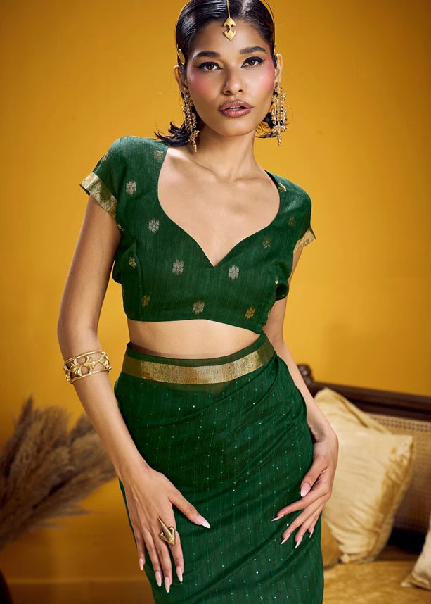 Dark Green and Golden Muga Silk Handloom Weaving Saree