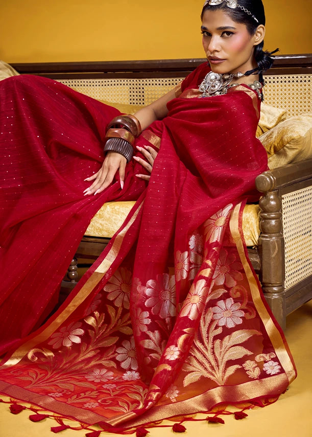 Red and Golden Muga Silk Handloom Weaving Saree