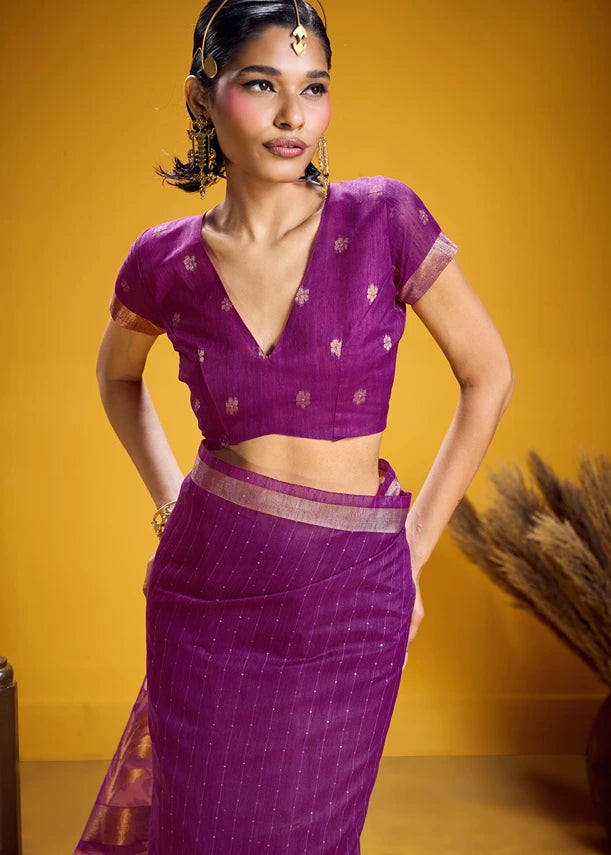 Magenta Pink and Golden Muga Silk Handloom Weaving Saree