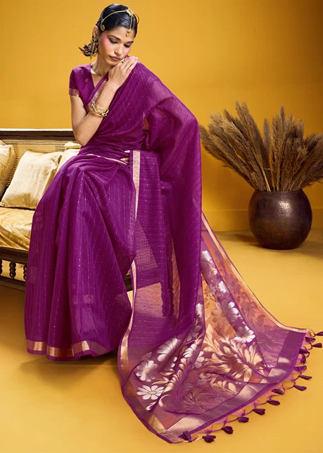 Magenta Pink and Golden Muga Silk Handloom Weaving Saree