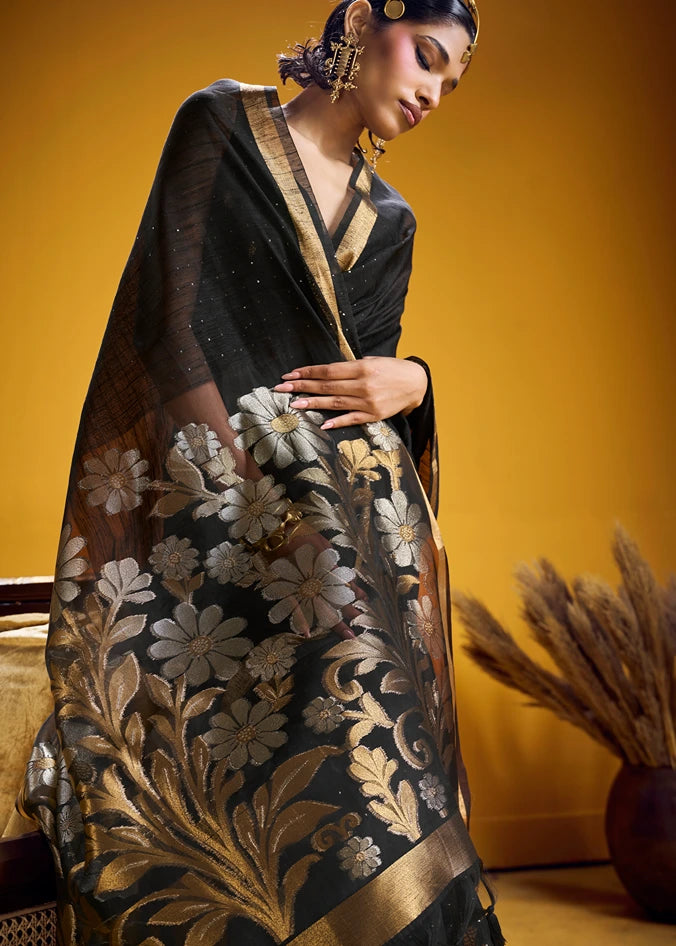 Black and Golden Muga Silk Handloom Weaving Saree