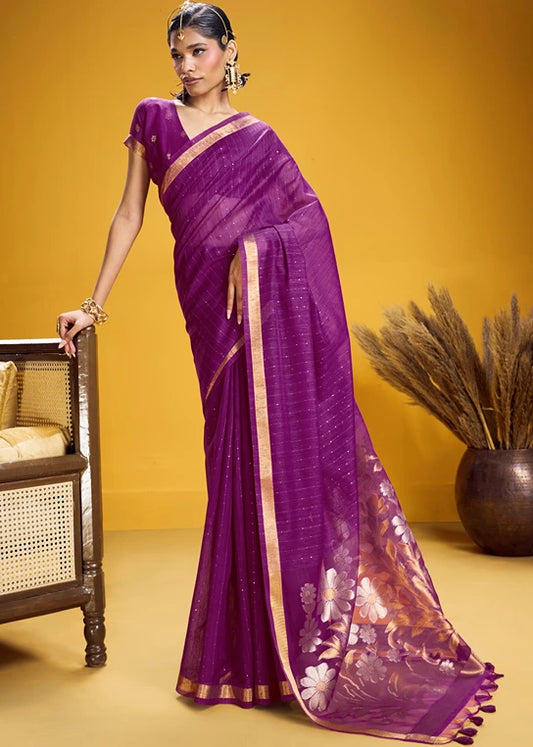 Magenta Pink and Golden Muga Silk Handloom Weaving Saree